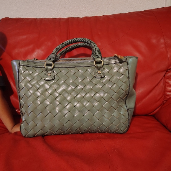 Patricia Nash Woven Satchel in Sage Green with Braided Handles